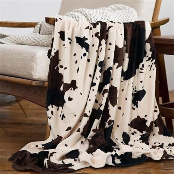 Cow Print Blanket Animal Brown Black Milky White Faux Fur Throw Blankets Western - Picture 7 of 7